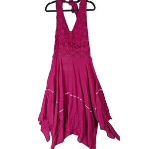 Vintage Women size L Pink Boho Hippie Festival Halter Handkerchief Dress No Tags